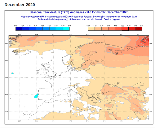 Predpokladané teplotné odchýlky v Európe v decembri 2020