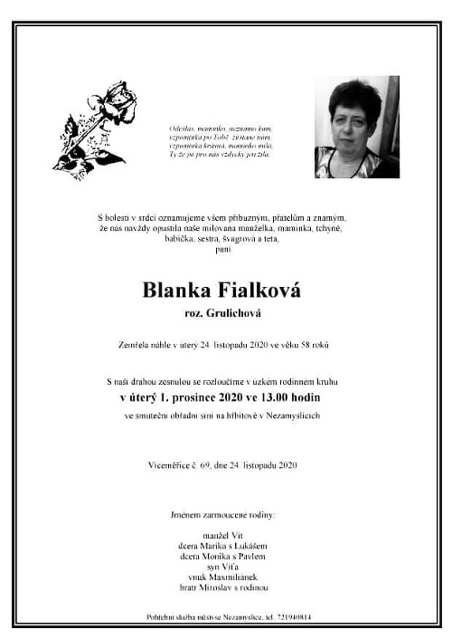 Svokra Pavla Trávníčka, Blanka Fialková, zomrela ešte v novembri. Priebeh COVID-19 pritom nemala vôbec náročný.