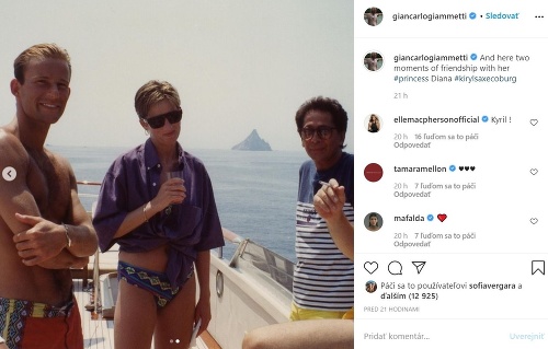 Lady Diana na fotografii z roku 1990, keď trávila na dovolenku na jachte módneho návrhára Valentina.