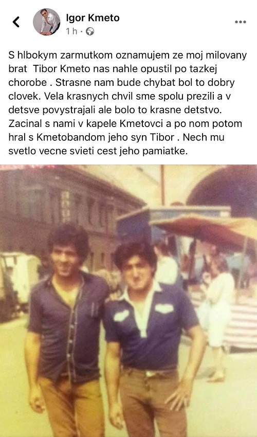 Igor Kmeťo smutnú správu oznámil na Facebooku.