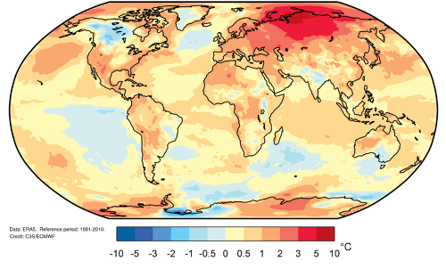 Priestorové rozloženie odchýlky globálnej teploty kontinentov a oceánov v období mesiacov január až október 2020 v porovnaní s normálom 1981-2010
