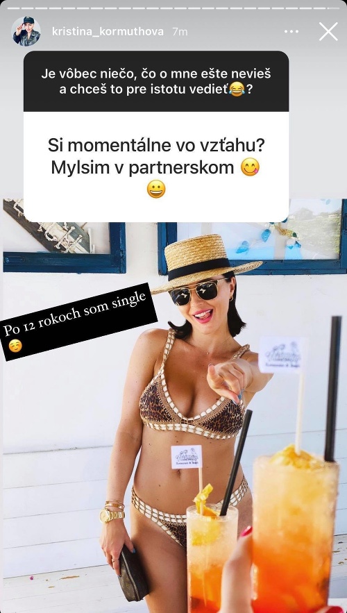 Kristína Kormúthová na Instagrame priznala, že je po 12 rokoch single.