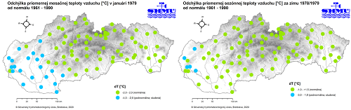 Odchýlka priemernej mesačnej/sezónnej teploty vzduchu v januári 1979 (vľavo) a za zimu 1978/1979 (vpravo) od normálu 1961 – 1990 na meteorologických staniciach na Slovensku