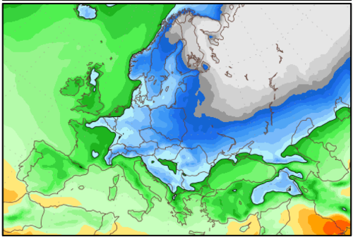 Predpokladané rozloženie teploty vzduchu v Európe v období 7. 2. až 15. 2.