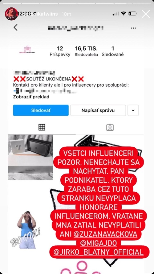 Veronika Nízlová na svojom Instagrame upozornila na podnikateľa, ktorý influencerom nevyplatil honoráre. 