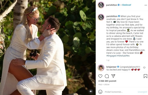 Fotky z romantických zásnub zverejnila Paris Hilton na Instagrame.