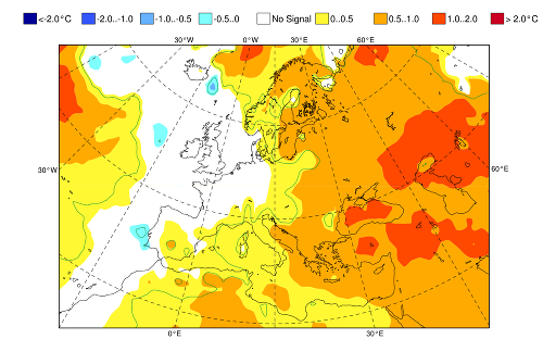 Predpokladané teplotné odchýlky od dlhodobého priemeru na jar v Európe