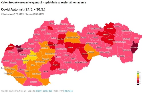Slovensko bude od pondelka už bez bordových okresov, tento týždeň máme ešte dva a väčšina krajiny je ružová