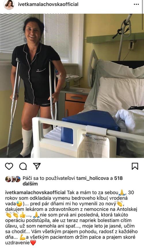 Iveta Malachovská absolvovala náročnú operáciu. Podstúpila kompletnú výmenu bedrového kĺbu. 