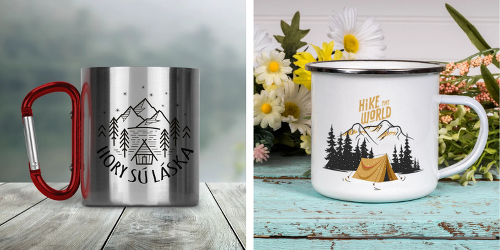 Termohrnček „Hory sú láska“ a smaltovaný hrnček “Hike the world“ od Soulshine