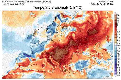 Predpokladané teplotné odchýlky od dlhodobého priemeru v polovici augusta podľa modelu GFS.