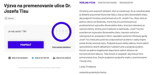 Petícia za premenovanie Ulice Jozefa Tisu vo Vavríne