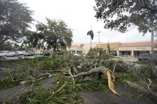 Popadané konáre stromov a palmových listov ležia na parkovisku pred obchodným centrom v meste Cooper City na Floride.