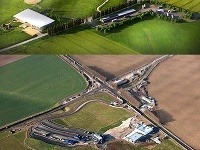 Hore vizualizácia projektu, dole prebiehajúca výstavba nového turistického centra Stonehenge