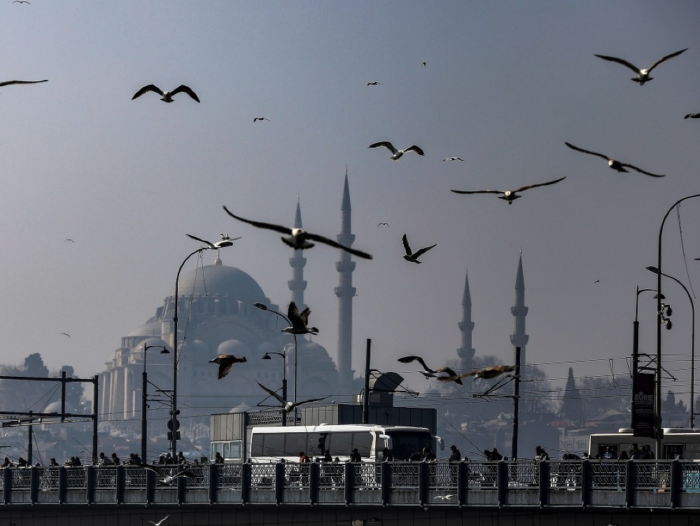Čajky letia nad mostom Golden Horn, v pozadí Sulejmanova mešita, Istanbul, Turecko