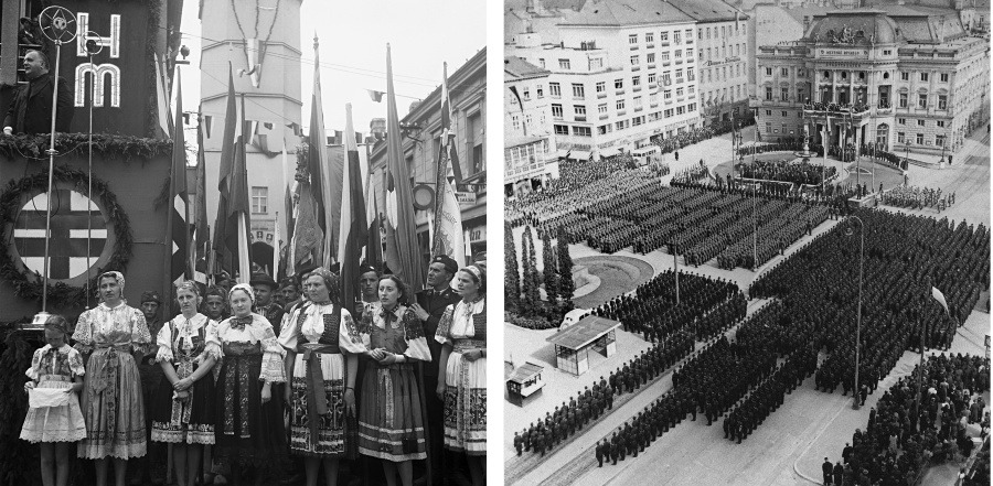 Vľavo: Z prehliadky Hlinkovej mládeže v Trenčíne (1939), vpravo: Oslavy štátneho sviatku v Bratislave (1941). Foto: SITA