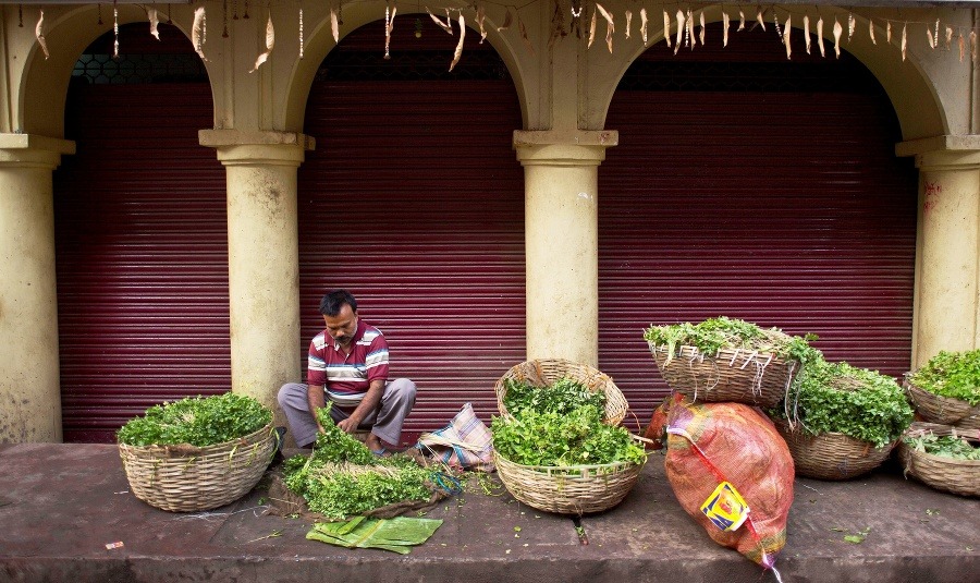 Indický muž ukladá  koriandrové listy na zeleninovom trhu v Gauhati.