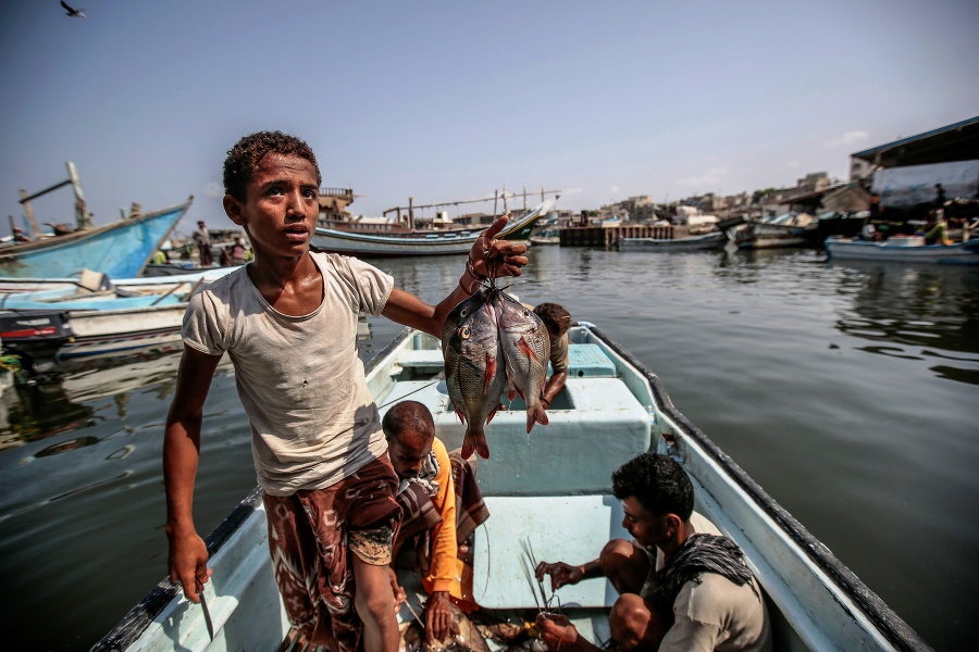 Chlapec drží svoj úlovok, rybársky prístav v Hodeide