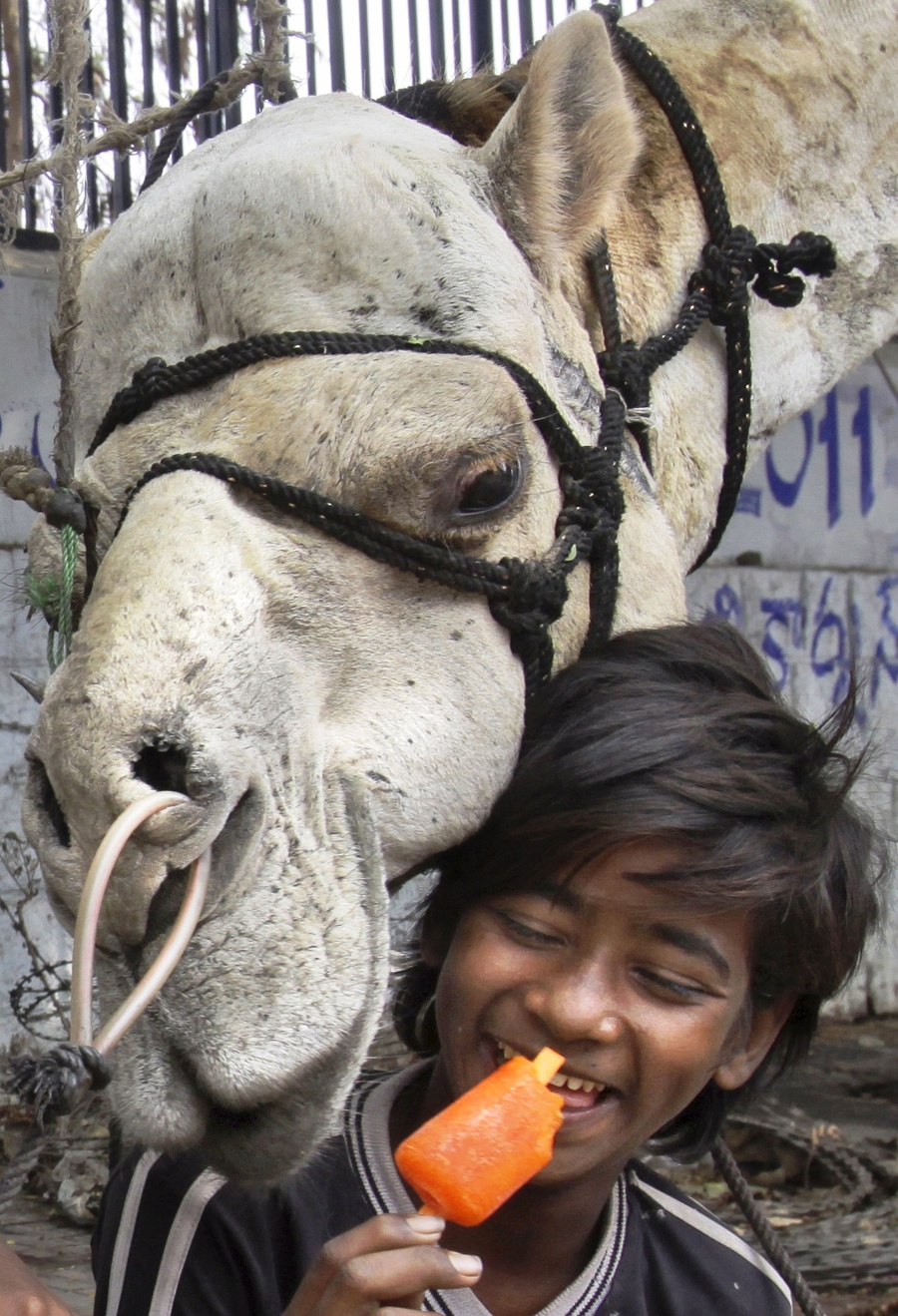 Chlapec si pochutnáva na nanuku počas čakania na turistov v Hajdarábáde.