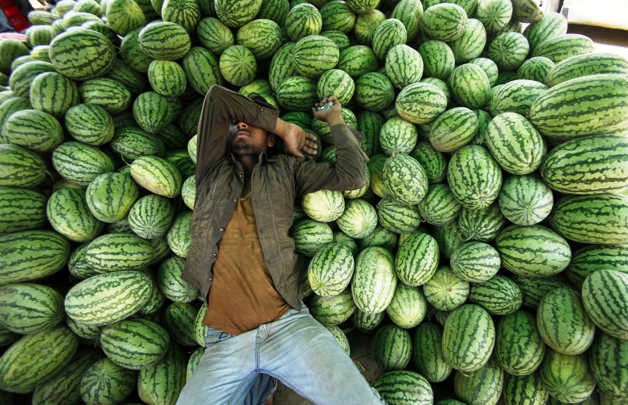 Predajca spí na melónoch v Džammú.