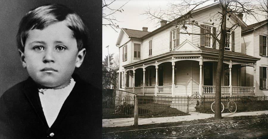 Orville Wright v roku 1876 a jeho rodný dom v Orville