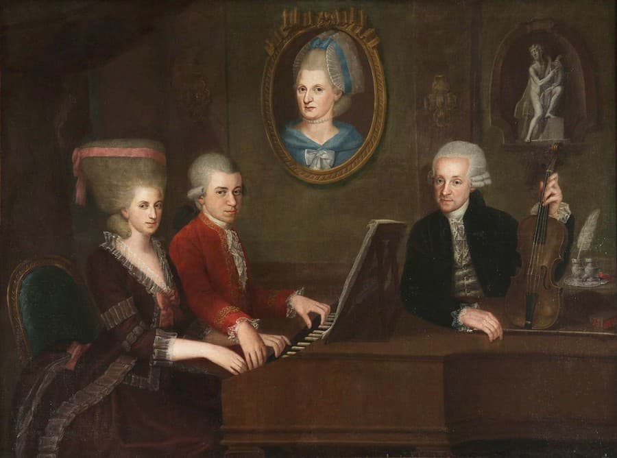 Mozartovci (Wolfgang, Anna, Leopold) na portréte Johanna Nepomuka della Croce, okolo roku 1780