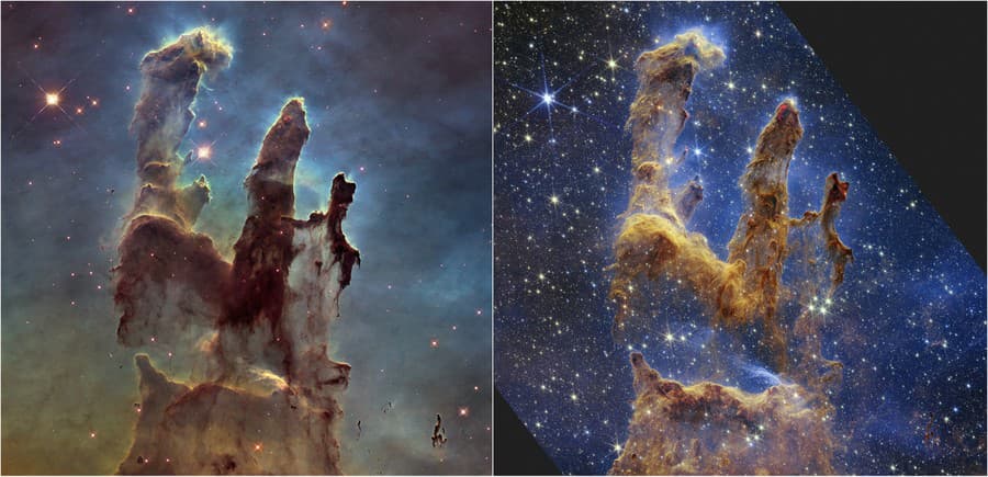 Na kombosnímke poskytnutej americkým Národným úradom pre letectvo a vesmír (NASA) 19. októbra 2022 sú Stĺpy stvorenia ako súčasť Orlej hmloviny zachytené vesmírnym teleskopom Jamesa Webba v takmer infračervenom svetle (vpravo) a vľavo Stĺpy stvorenia zachytené Hubblovým vesmírnym ďalekohľadom v roku 2014.