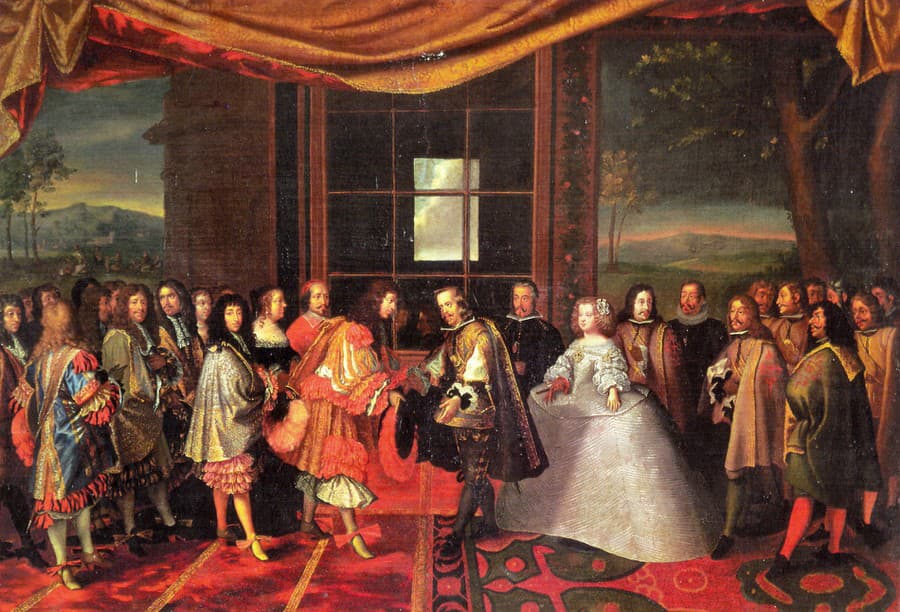 Jacques Laumosnier: Stretnutie Ľudovíta XIV. a Filipa IV. na Bažanťom ostrove pri podpise Pyrenejského mieru