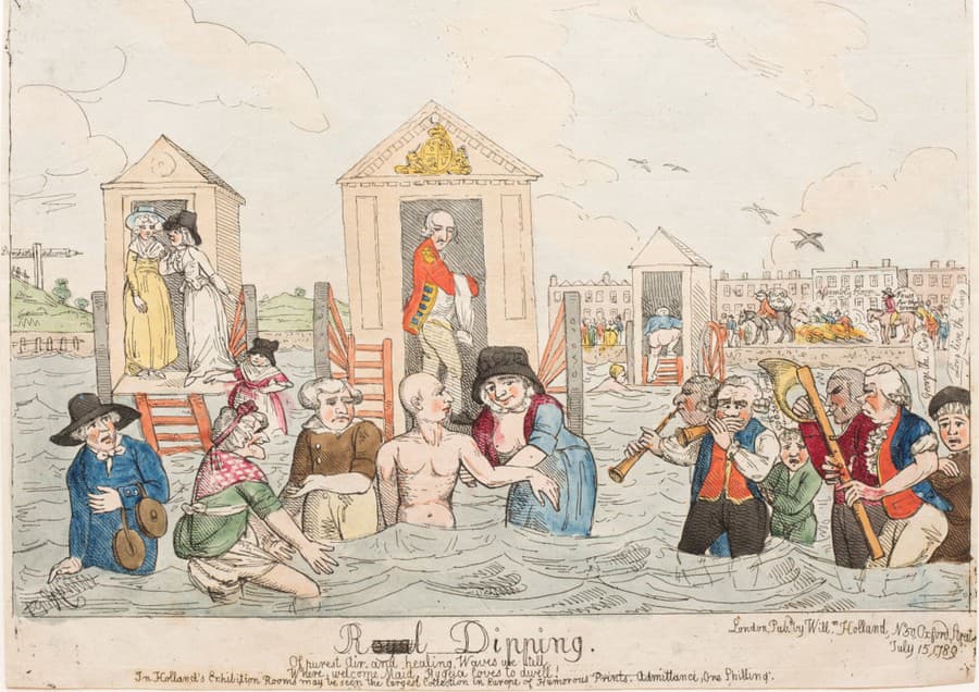 Juraj III. sa kúpe vo Weymouthe 15. júla 1789 na rytine Johna Colleyho Nixona