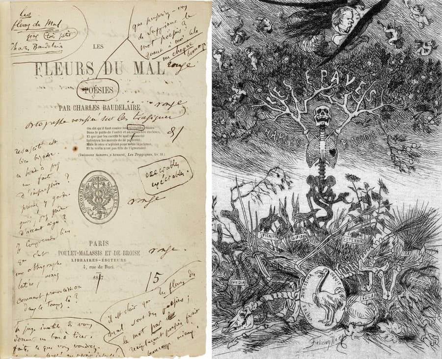 Prvé vydanie Kvetov zla s autorovými poznámkami, vpravo titulná stránka knihy Trosky