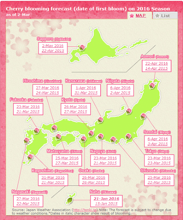 Mapa kvitnutia japonských čerešní