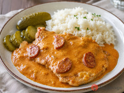 Opečené bravčové mäso dopĺňa výrazné ragú z klobásy, slaniny, cibule, cesnaku, horčice a kyslej smotany.