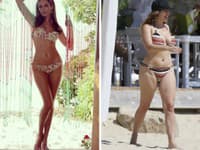 Kelly Brook sa nedávno pochválila touto fotografiou (vľavo), pričom takto ju zachytili len nedávno v civile (vpravo)