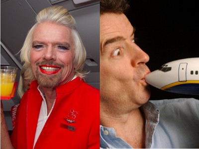 Richard Branson v sukni  a make-upe (vľavo) a Michael O´Leary s lietadlom v ruke (vpravo).