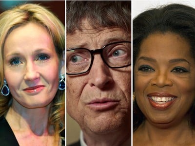 J. K. Rowling, Bill Gates, Oprah Winfrey (zľava)