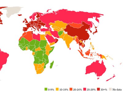 Mapa populácie jednotlivých krajín nad 60 rokov, v roku 2015