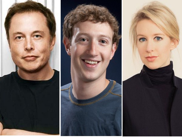 Elon Musk, Mark Zuckerberg a Elizabeth Holmes