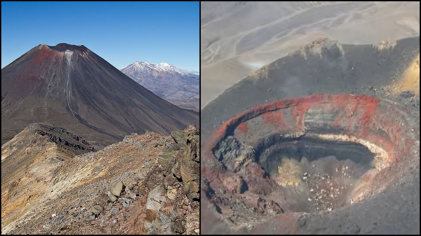 Výhľad na Mount Ngauruhoe z Tongarira (vľavo) a pohľad do vnútra sopky (do oka Mordoru).