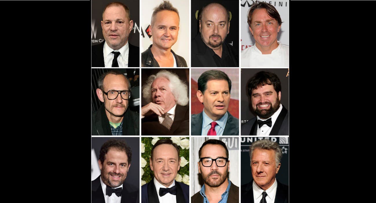 (Zľava zhora) Ďalší obvinení. Harvey Weinstein, Roy Price, James Toback, John Besh, second row from left, Terry Richardson, Leon Wieseltier, Mark Halperin, Andy Signore and bottom row from left, Brett Ratner, Kevin Spacey, Jeremy Piven a Dustin Hoffman.