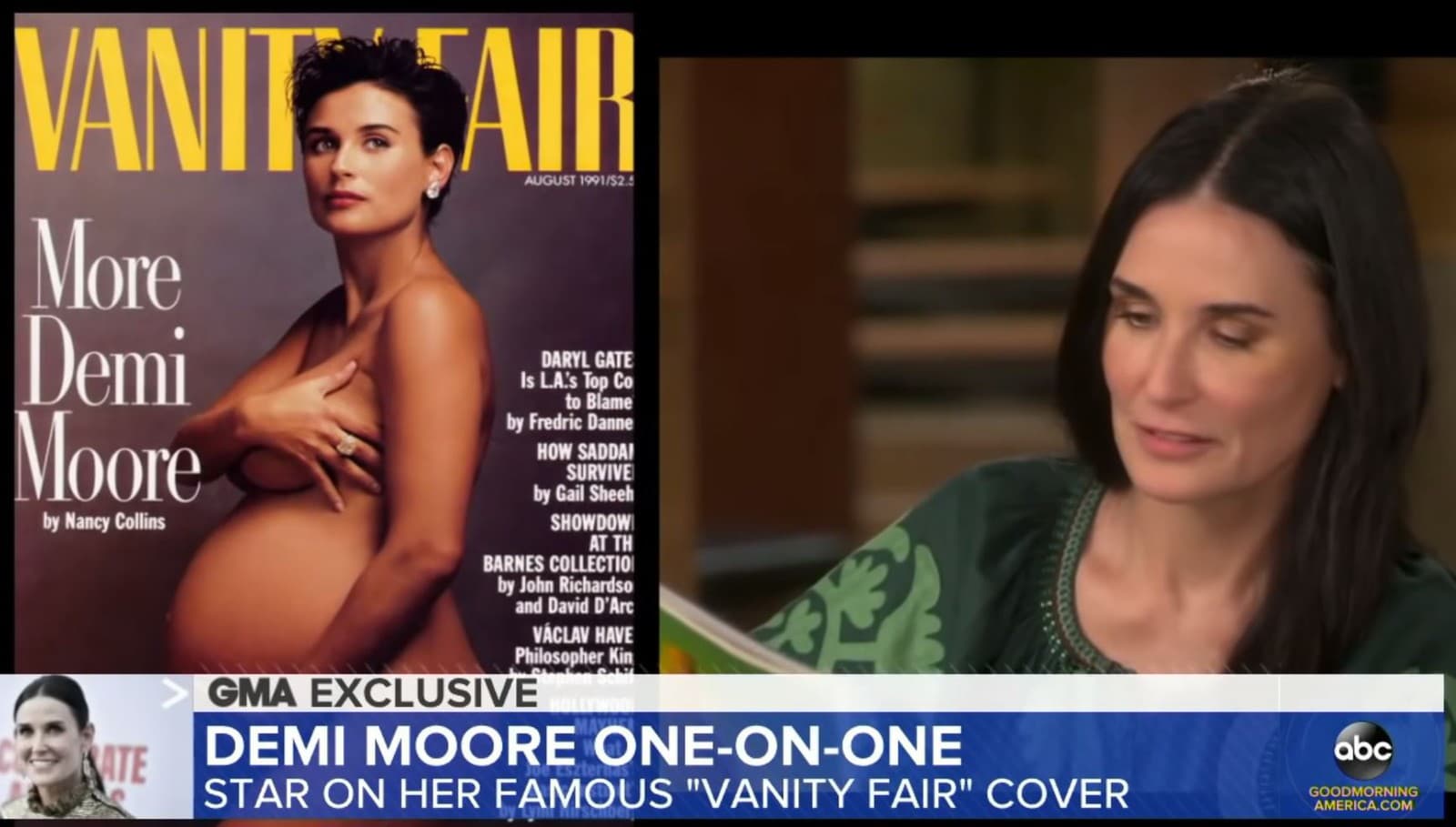 Demi Moore a jej revolučná fotka na obálke Vanity Fair, ktorú si prezerá počas relácie s Diane Sawyer. (Foto: YouTube/ABC News)