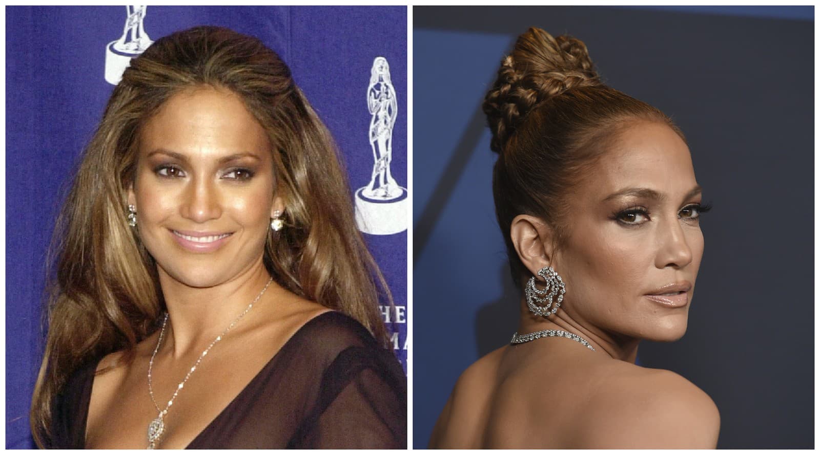 Jennifer Lopez v roku 2001 a 2019. Tvrdá drina na sebe sa vyplatila (Zdroj: TASR/AP Photo/Chris Weeks, SITA/Photo by Jordan Strauss/Invision/AP)