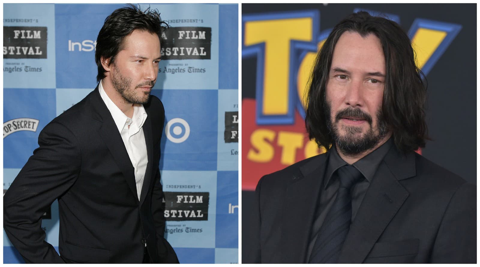 Keanu Reeves v roku 2006 a 2019. Keby si nenechal narásť vlasy a bradu, nevidíme žiadnu zmenu (Zdroj: TASR/AP Photo/Lucas Jackson, Photo by Richard Shotwell/Invision/AP)