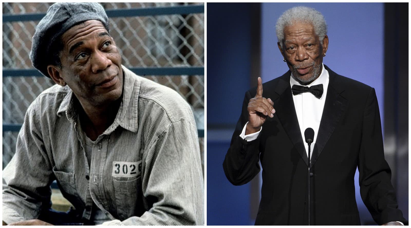 Morgan Freeman v roku 1994 a 2020 (Zdroj: Photo © 1994 Columbia Pictures, TASR/Photo by Chris Pizzello/Invision/AP)