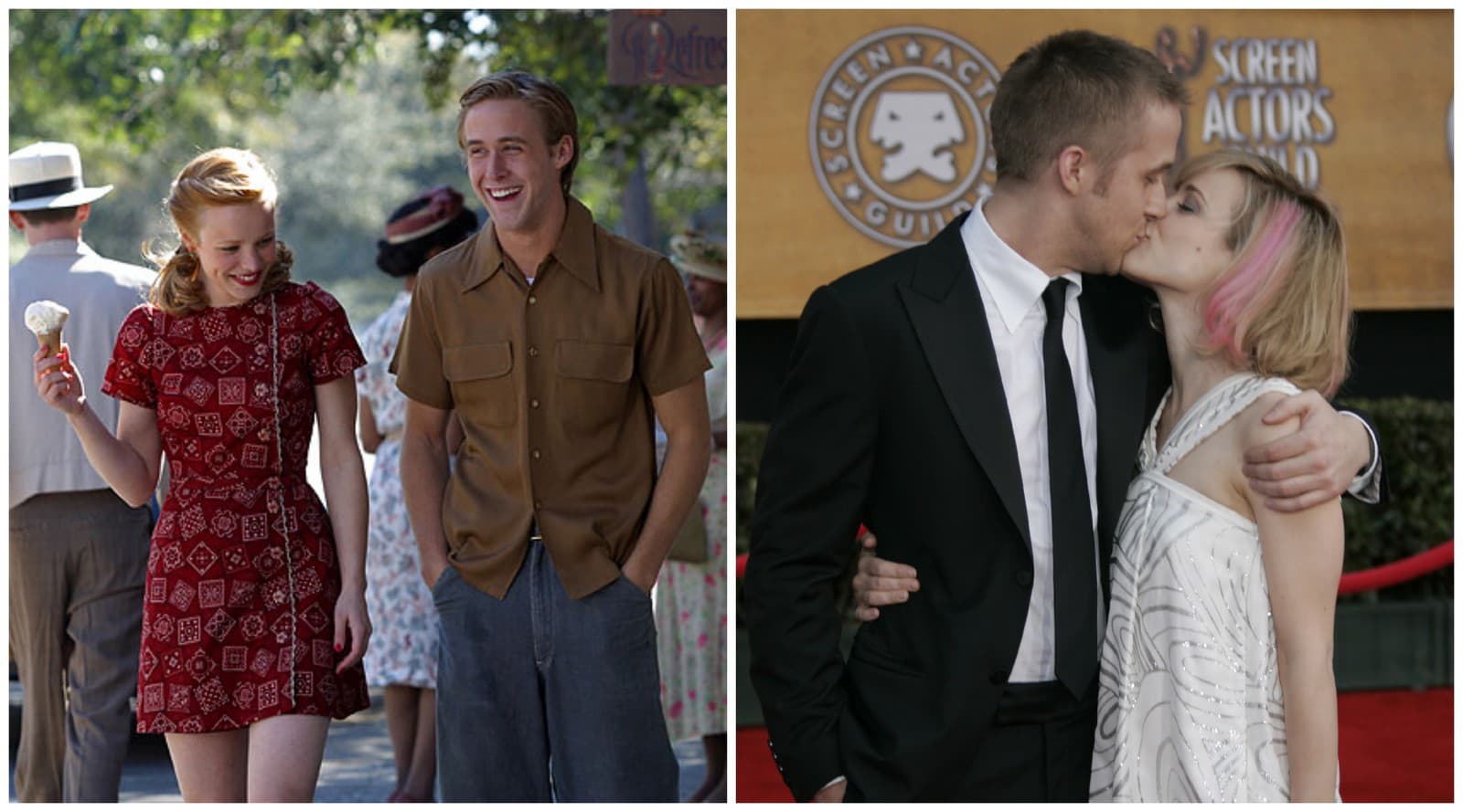 Vľavo Ryan Gosling a Rachel McAdams vo filme, vľavo v roku 2007 počas odovzdávania hereckých cien (Zdroj: Photo © Warner Bros., SITA/AP Photo/Reed Saxon)