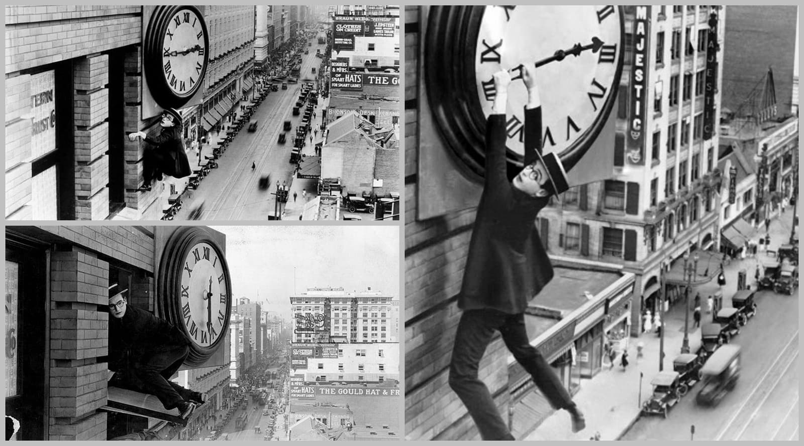 Harold Lloyd počas krkolomnej scény v snímke O poschodie vyššie (Zdroj: Photo © Pathé Exchange)