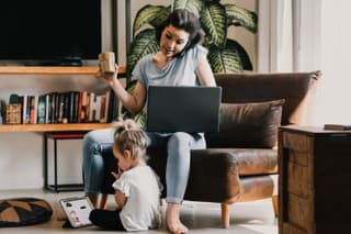 Busy mother multitasks at