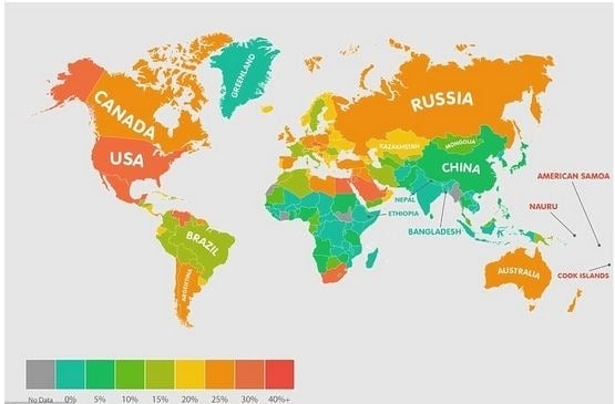 Mapa výskytu obezity vo svete.