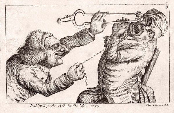 Karikatúra z 18. storočia, ktorá pripodobňuje prácu zubára k mučiarovi.